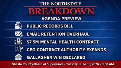 Shasta County supervisors to weigh support for a contested public records bill, adopt one-year auto-deletion of county emails, expand CEO discretion spending to 80k Tuesday