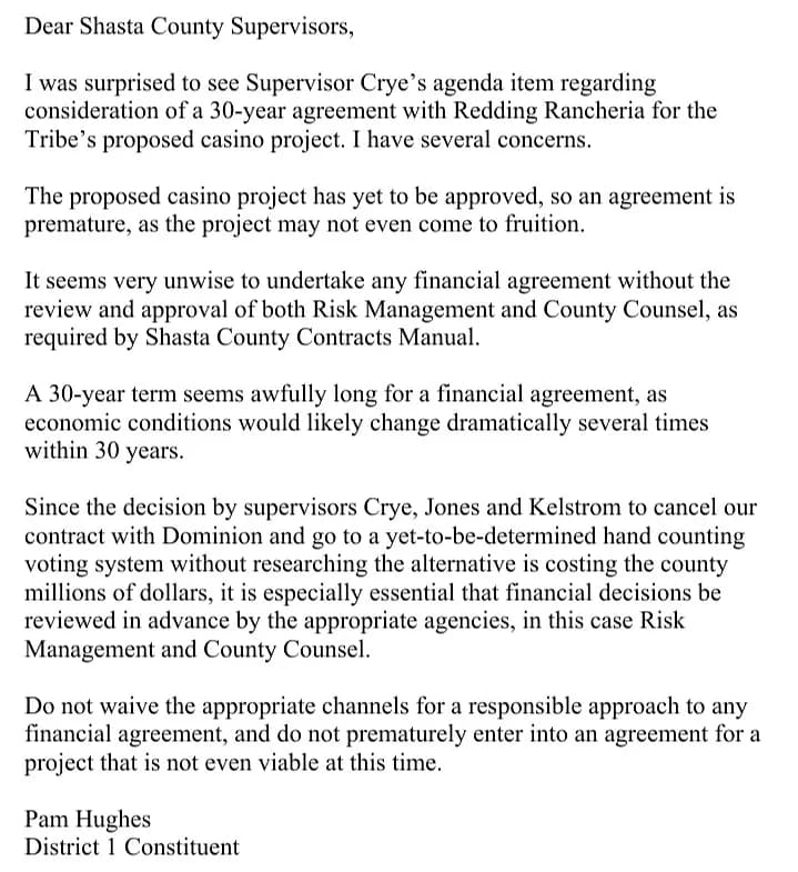 Email from Pam Hughes to all five Shasta County Supervisors, July 23, 2023 — warning against bypassing County Counsel and Risk Management review, as required by the Shasta County Contracts Manual.