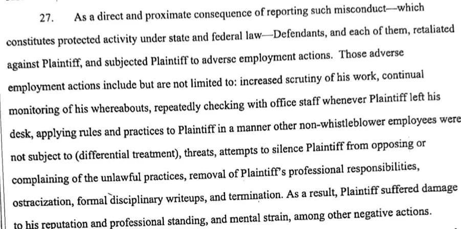 Cox complaint para 22-26: race/ethnicity retaliation, adverse employment actions list