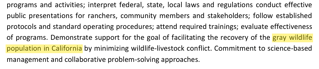 The Wildlife Liaison job description (item R5) refers to the "gray wildlife population."