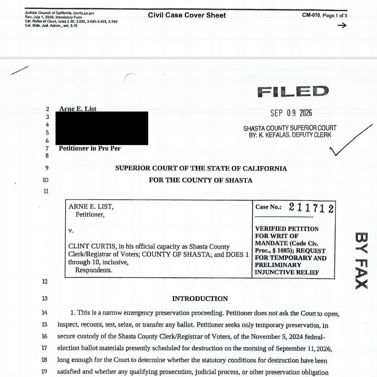 The first page of Arne E. List's petition in List v. Curtis, as List posted it on Instagram. North State Breakdown redacted his mailing address, phone number and email.