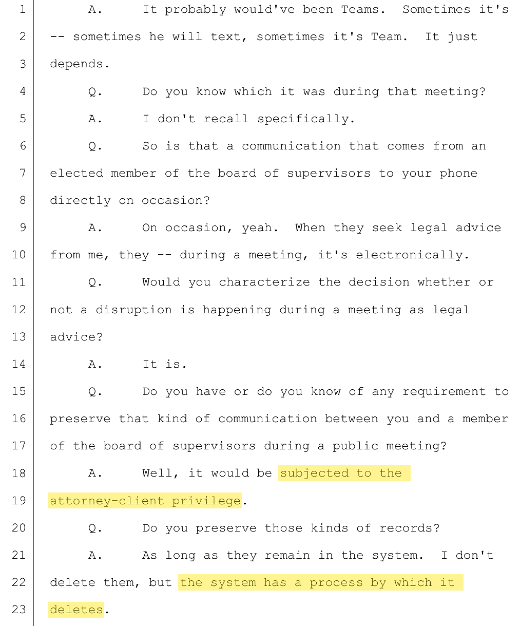 Larmour's redirect-examination testimony about preserving in-meeting messages to the Board chair, Reporter's Transcript p.231.