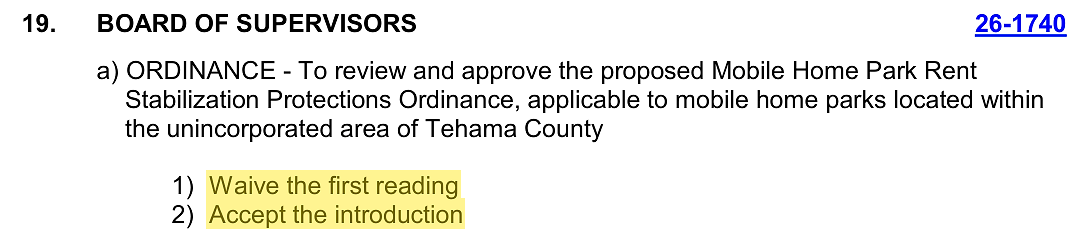 Tehama County's own Oct. 27 agenda, item 19: introduction only. Adoption would take a later vote.