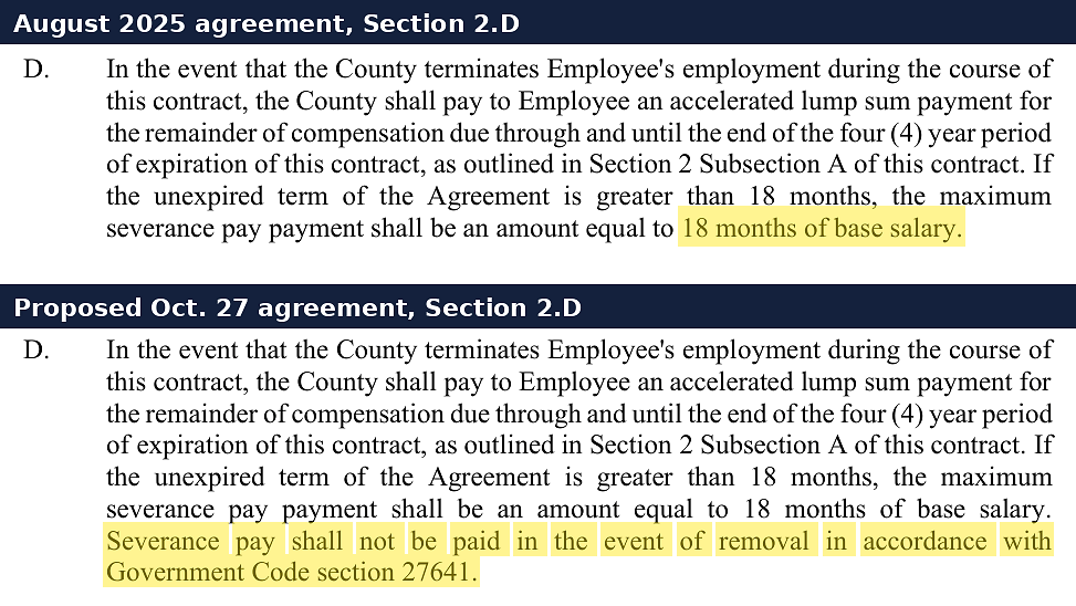 Section 2.D of Larmour's contract. The 2025 version ends at the 18-month cap; the new agreement adds a sentence barring severance after a for-cause removal under Government Code section 27641.