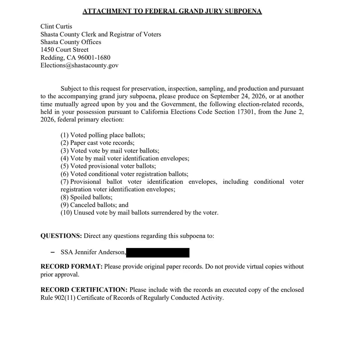 The subpoena's attachment listing records from the June 2, 2026 primary. North State Breakdown redacted the FBI agent's email address.