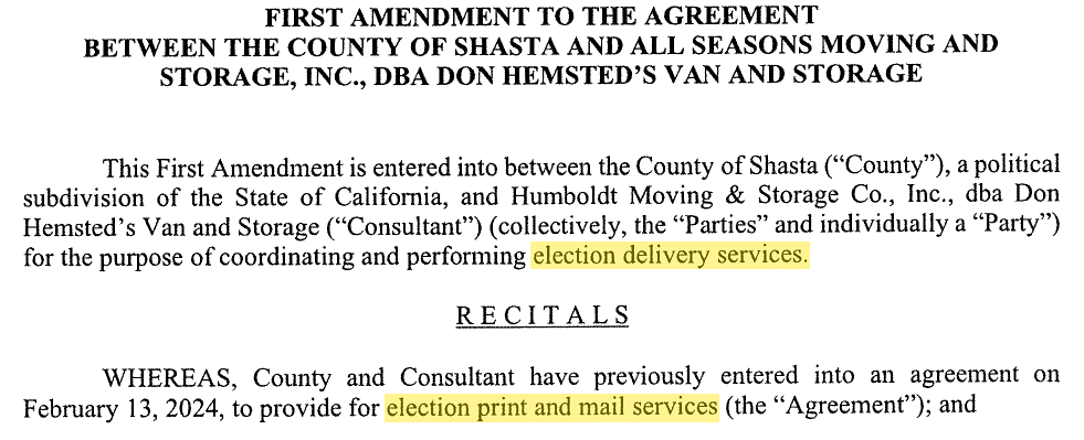 The item C3 amendment describes the work as election delivery, and the 2024 agreement it amends as "election print and mail services."