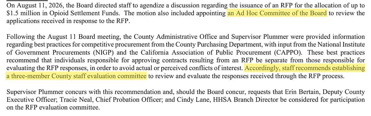 The item R4 staff report recommends a three-member county staff evaluation committee in place of the Ad Hoc Committee of the board directed on August 11.