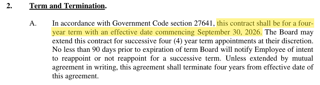 The renewal agreement in Tuesday's packet (item C10) sets a new four-year term for County Counsel Joseph Larmour commencing September 30, 2026.