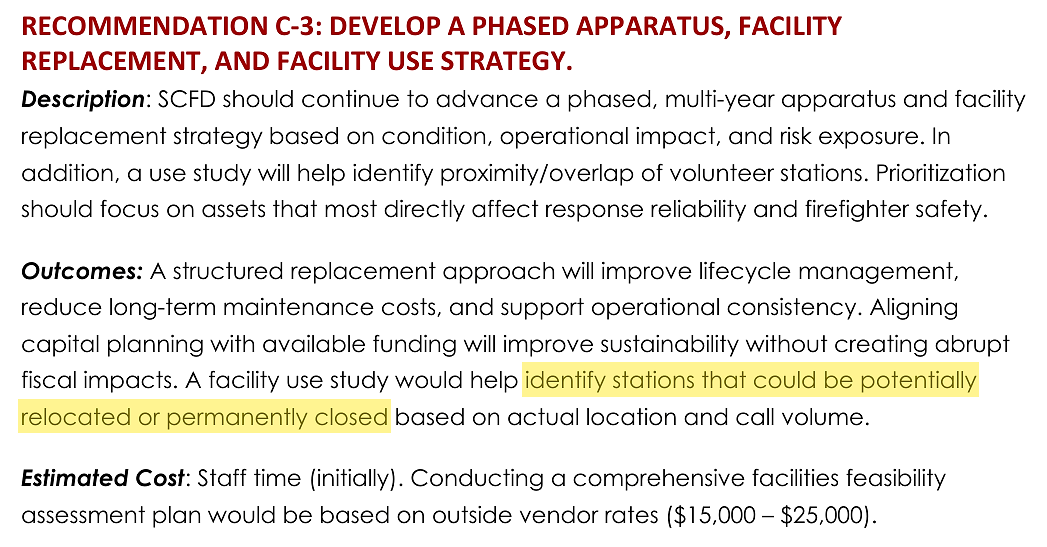 Recommendation C-3 of the County Fire master plan (item R4): a facility use study to identify stations that could be relocated or permanently closed.