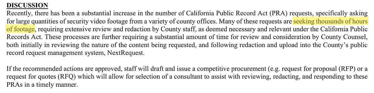 The item R9 staff report describes requests for "thousands of hours of footage."