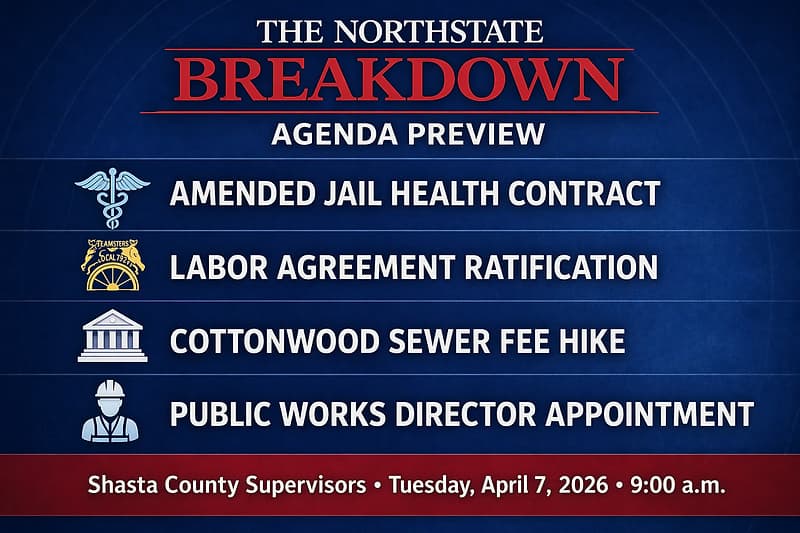 Shasta Supervisors to Consider Amended Jail Health Contract, Cottonwood Sewer Fee Hike, and Public Works Director Appointment Tuesday