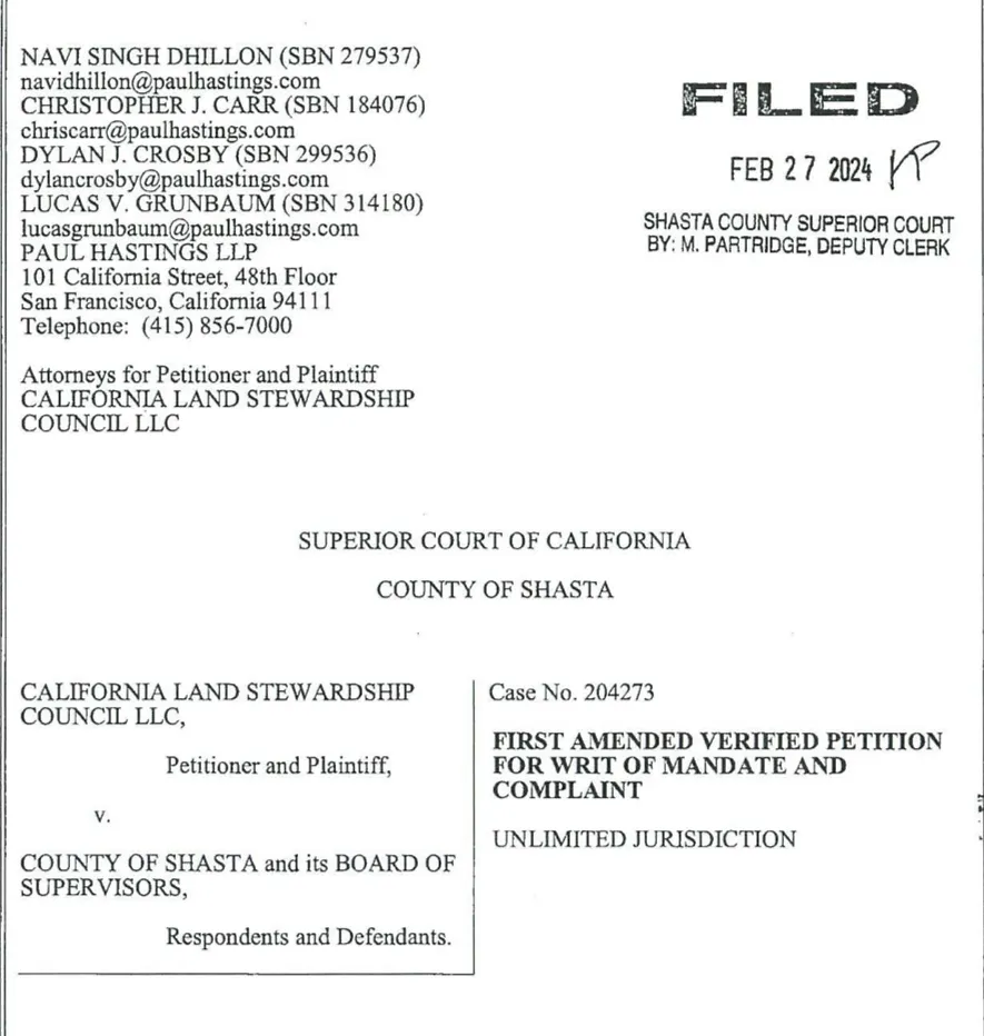California Land Stewardship Council, LLC v. County of Shasta — Petition filed February 27, 2024 in Shasta County Superior Court