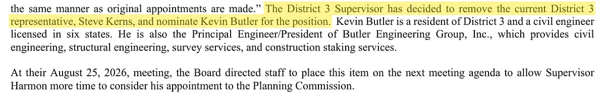 The item R8 staff report's only reasoning for removing Steve Kerns.