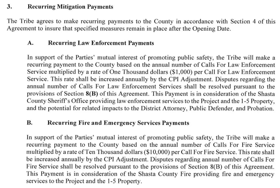 Signed IGA — Section 3: Recurring Payments. Law enforcement: $1,000 per call. Fire services: $10,000 per call. Roads: $50,000/year.